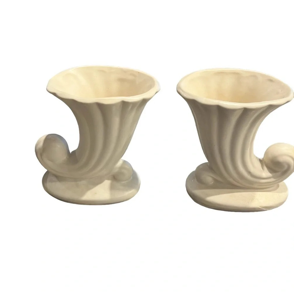 Pair Vintage Cream USA American Pottery Cornucopia Vases
